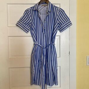 LOFT 100% cotton striped tie waist summer shirt dress XS tall